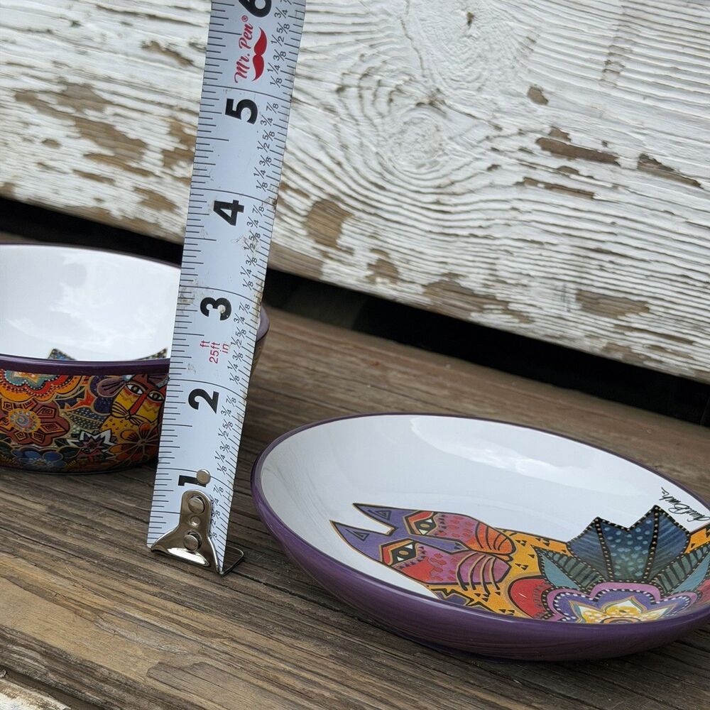 Laurel Burch Cat Floral Ceramic Plate & Bowl Set of 2 Purple 6” - Picture 14 of 14